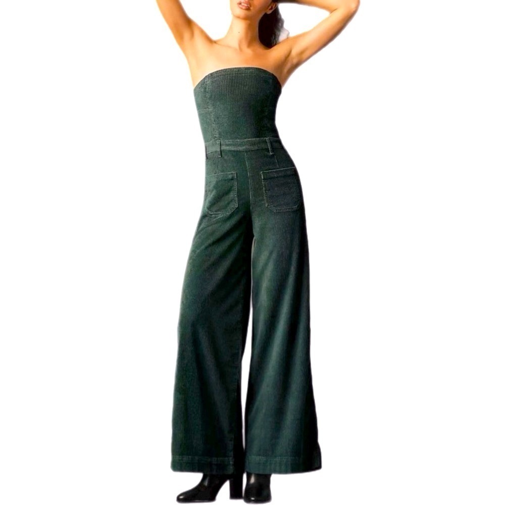 Anthropologie Pilcro The Skipper Strapless Corduroy Wide Leg Jumpsuit in Green 4